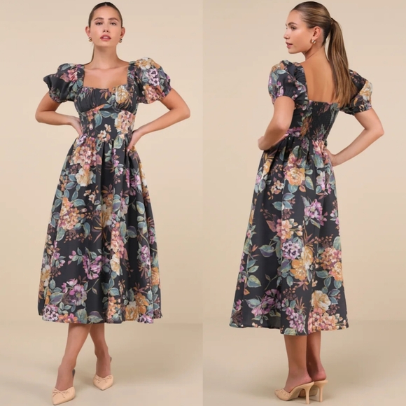 Lulus Dresses & Skirts - Lulus Adorable Tendencies Dark Grey Floral Puff Sleeve Midi Dress XXL Wedding